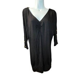 Miss Tina Black V-Neck Ruched Long Sleeve Dress Gold Button Accents Sz Large